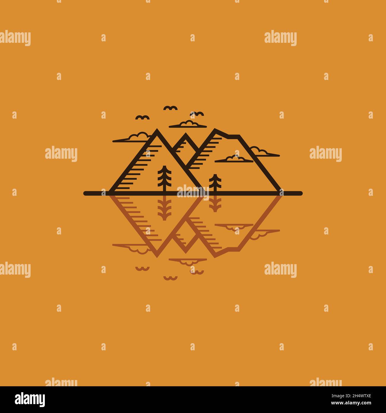 illustrazioni vettoriali. il logo forma una linea di riflessione d'acqua con la montagna. viaggio, avventura e logo outdoor Illustrazione Vettoriale