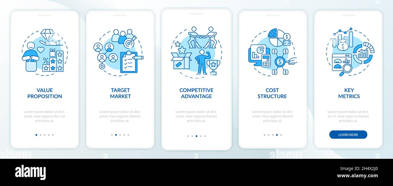 Componenti del modello aziendale schermata blu della pagina dell'applicazione mobile onboarding Illustrazione Vettoriale