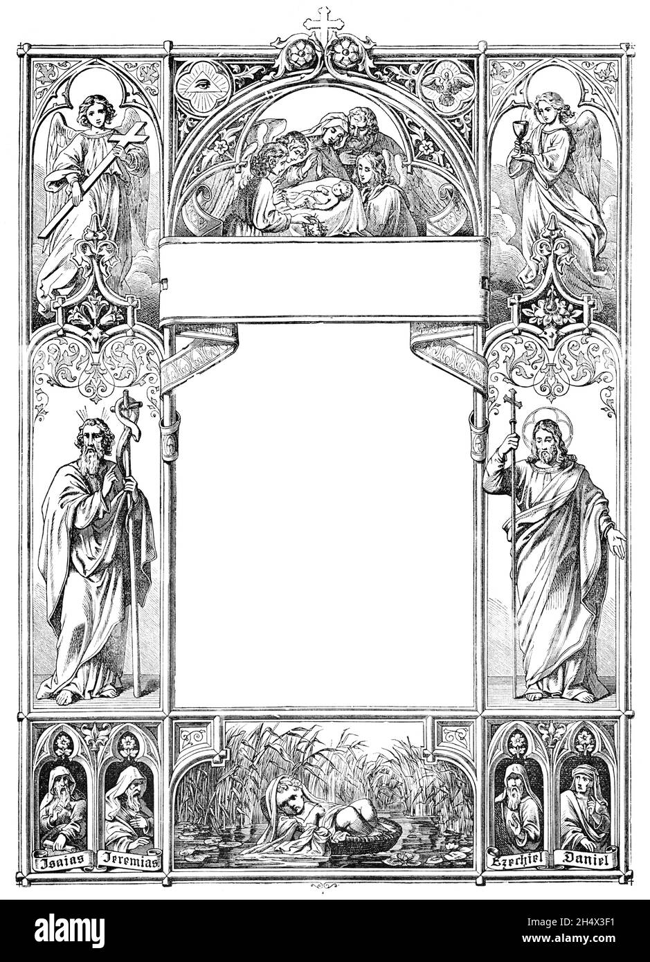 Cornice di copertina o giacca da libro con Santi, Profeti, Presepe e Mosè Bambino. Bibbia, Vecchio e nuovo testamento. Disegno antico vintage Foto Stock