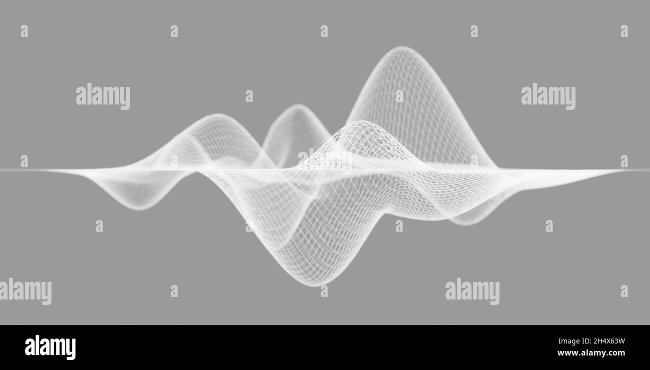 Struttura a wireframe bianca o visualizzazione astratta delle onde audio su sfondo grigio Foto Stock