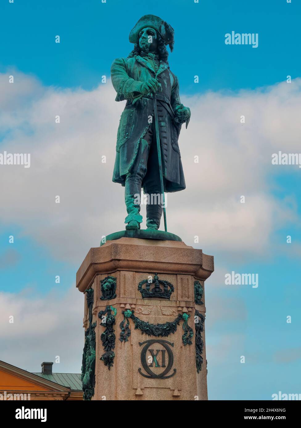 Statua di Karlskrona re Denkmal Karl XI presso la piazza del mercato di Stotorget Svezia Foto Stock