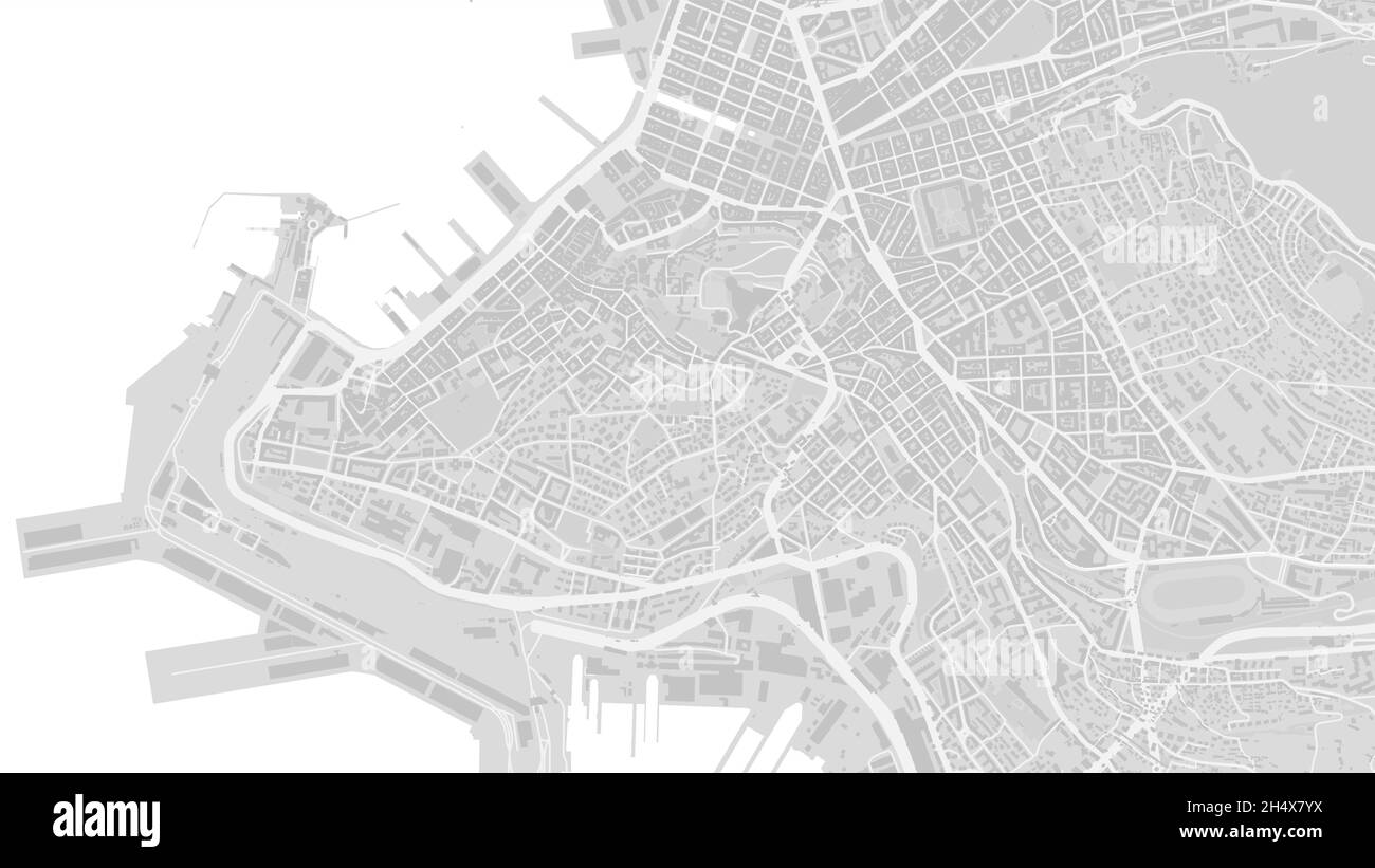 Bianco e grigio chiaro Trieste Mappa vettoriale dell'area della città, illustrazione di strade e cartografia dell'acqua. Proporzioni widescreen, design piatto digitale s. Illustrazione Vettoriale