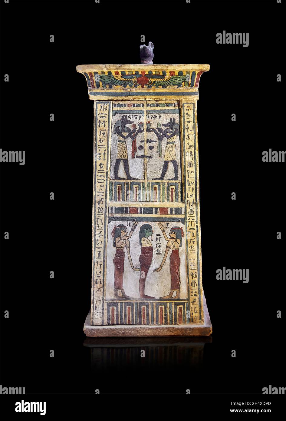 Cassetta funeraria egiziana Tolomeo di Djedhor, 200-30 a.C. Feritoia N2644 o 295. Decorazione: 1 ° registro; immagine speculare di dio Anubis, dio con l'hea del cane Foto Stock