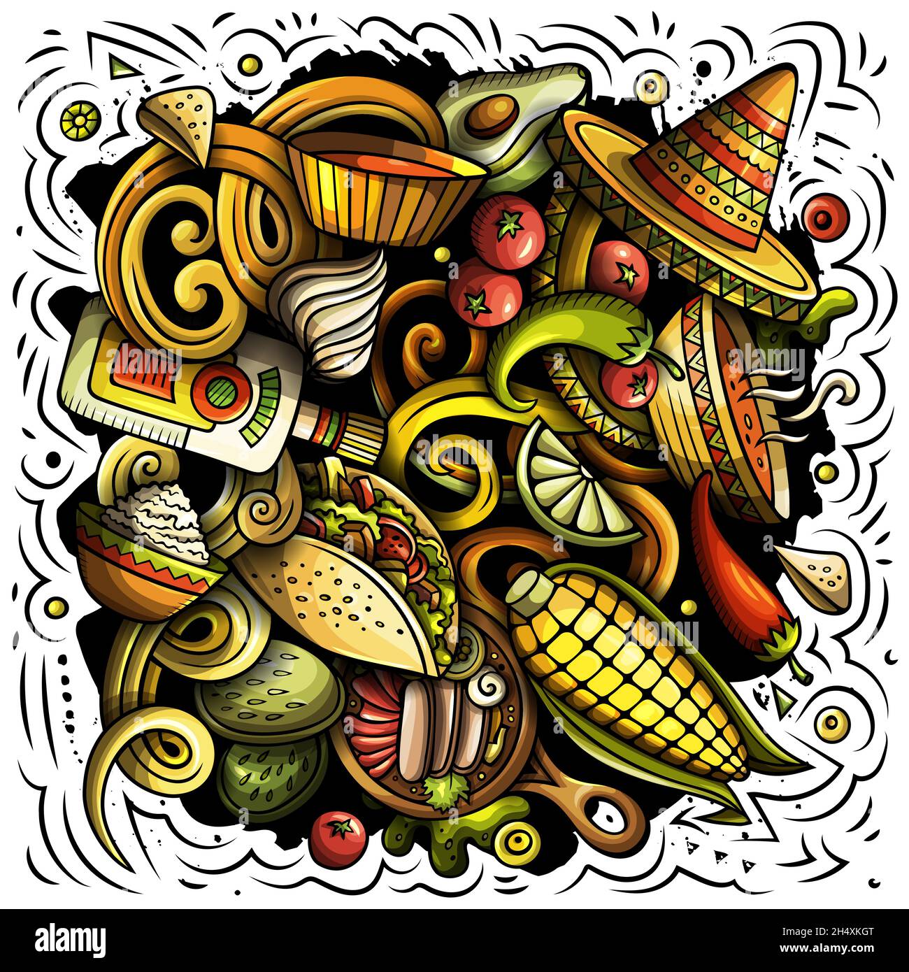 Cibo messicano disegno a mano vettore Doodles illustrazione. Cucina poster design. Mexica Menu elementi e oggetti sfondo cartoon. Colori vivaci divertente p Illustrazione Vettoriale