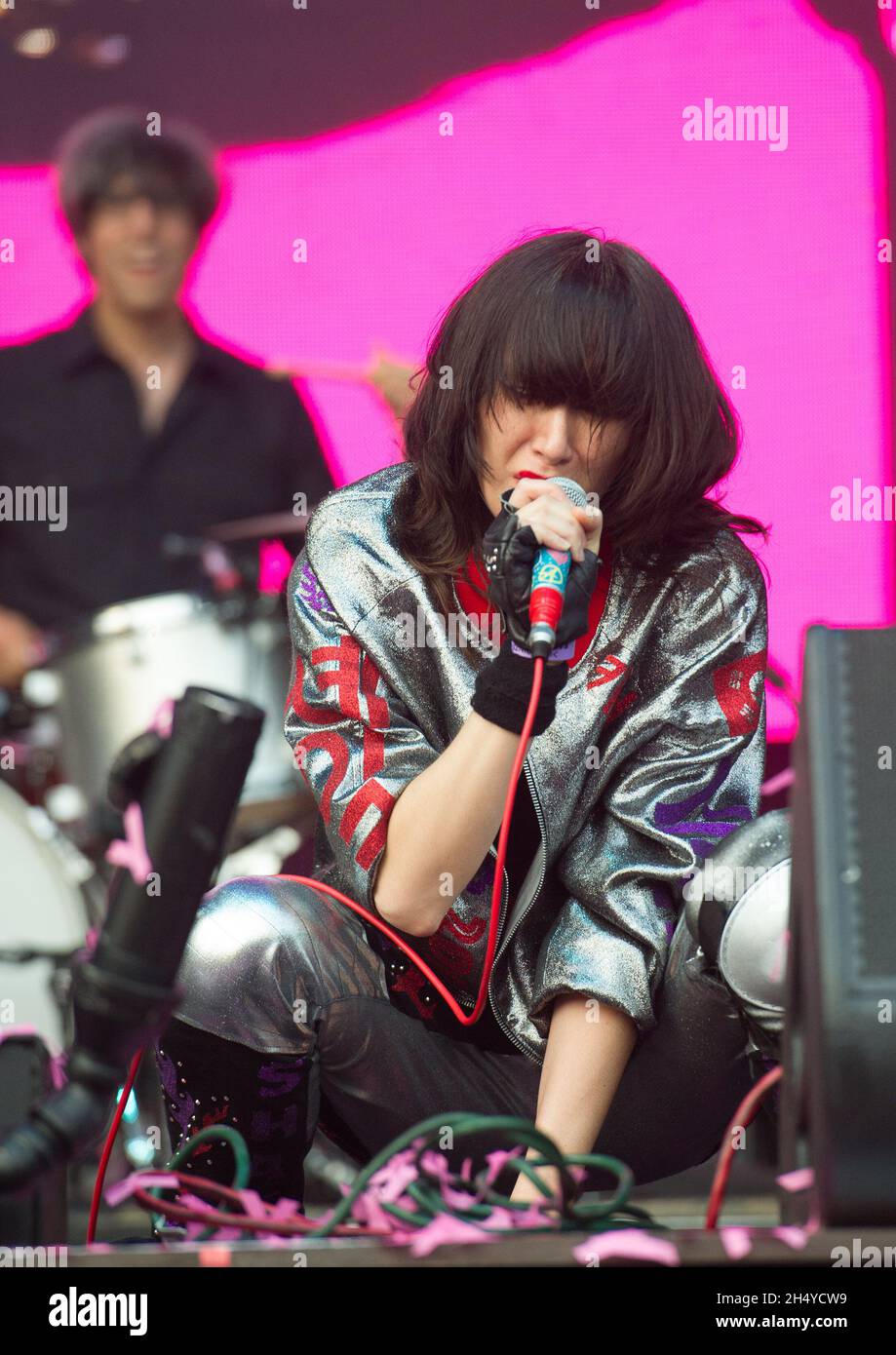 Karen o of Yeah Yeah si esibisce sul palco il giorno 1 di All Points East Festival a Victoria Park a Londra, Regno Unito. Data foto: Venerdì 25 maggio 2018. Photo credit: Katja Ogrin/ EMPICS Entertainment. Foto Stock