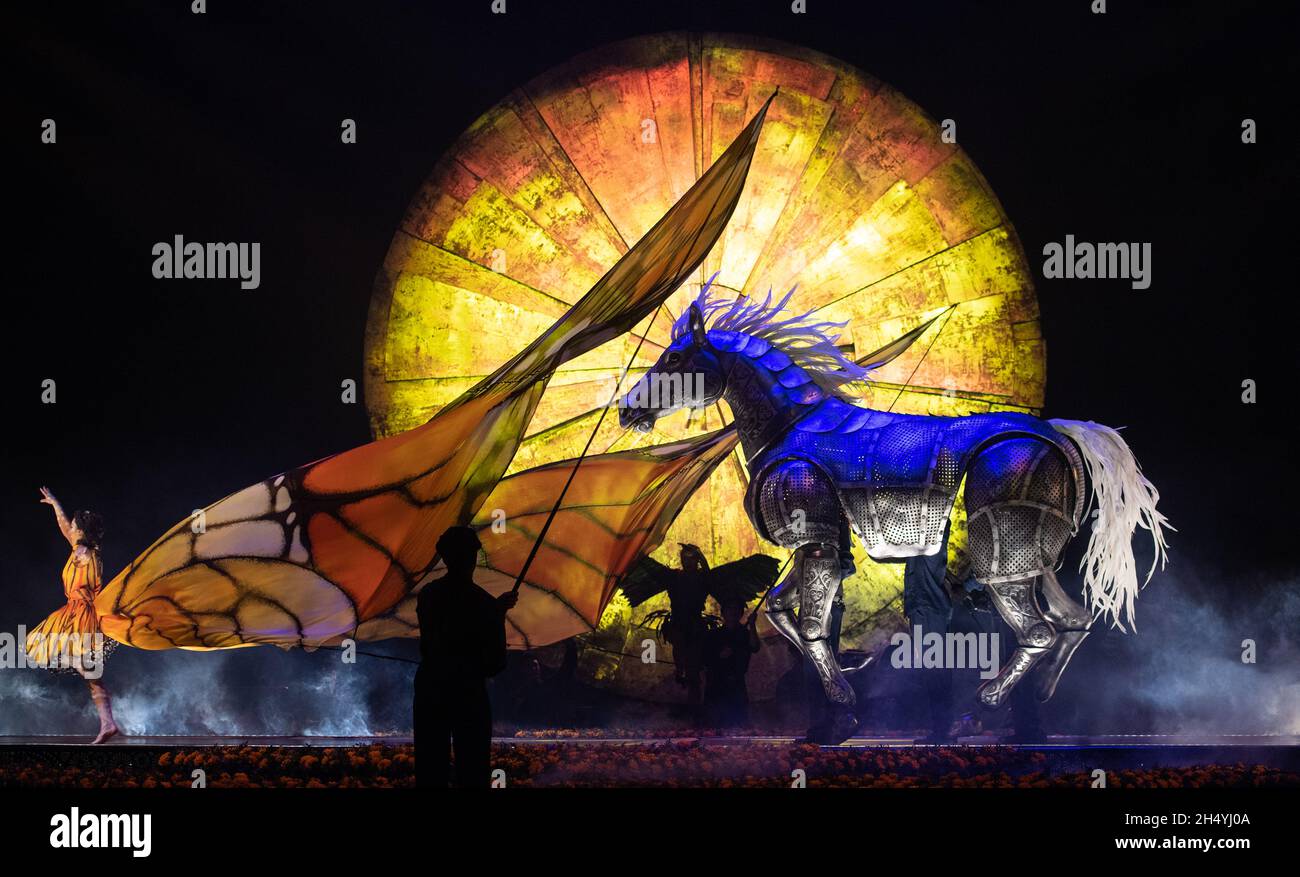 I membri del cast del Cirque du Soleil suonano sul palco durante la 'LUZIA' alla Royal Albert Hall il 11 gennaio 2020 a Londra, Inghilterra. Data foto: Sabato 11 gennaio, 2020. Photo credit: Katja Ogrin/ EMPICS Entertainment. Foto Stock