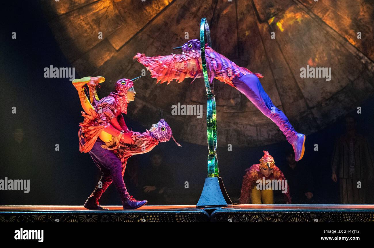I membri del cast del Cirque du Soleil suonano sul palco durante la 'LUZIA' alla Royal Albert Hall il 11 gennaio 2020 a Londra, Inghilterra. Data foto: Sabato 11 gennaio, 2020. Photo credit: Katja Ogrin/ EMPICS Entertainment. Foto Stock