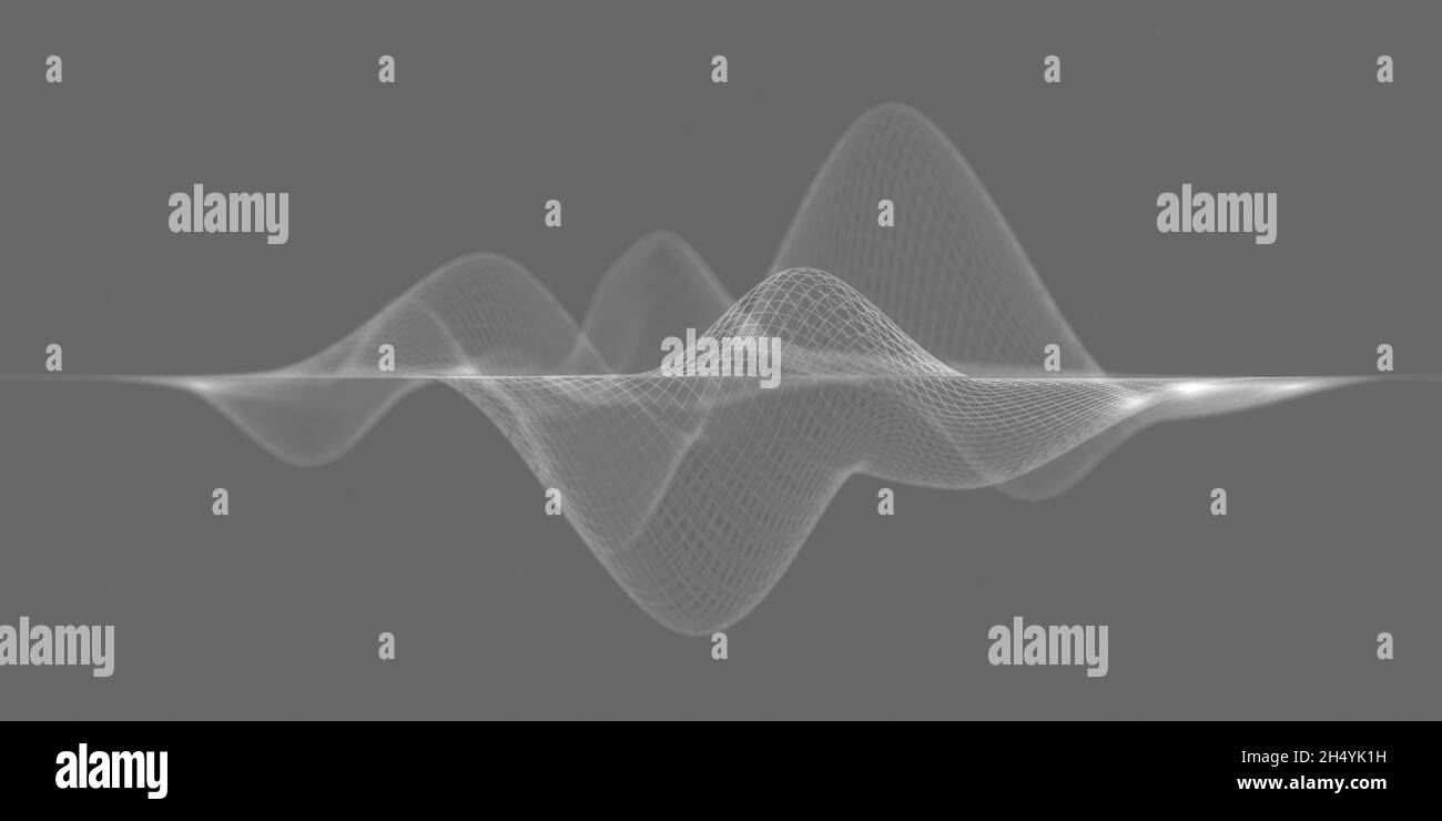 Struttura a wireframe 3D bianca, visualizzazione astratta delle onde audio isolate su sfondo grigio Foto Stock