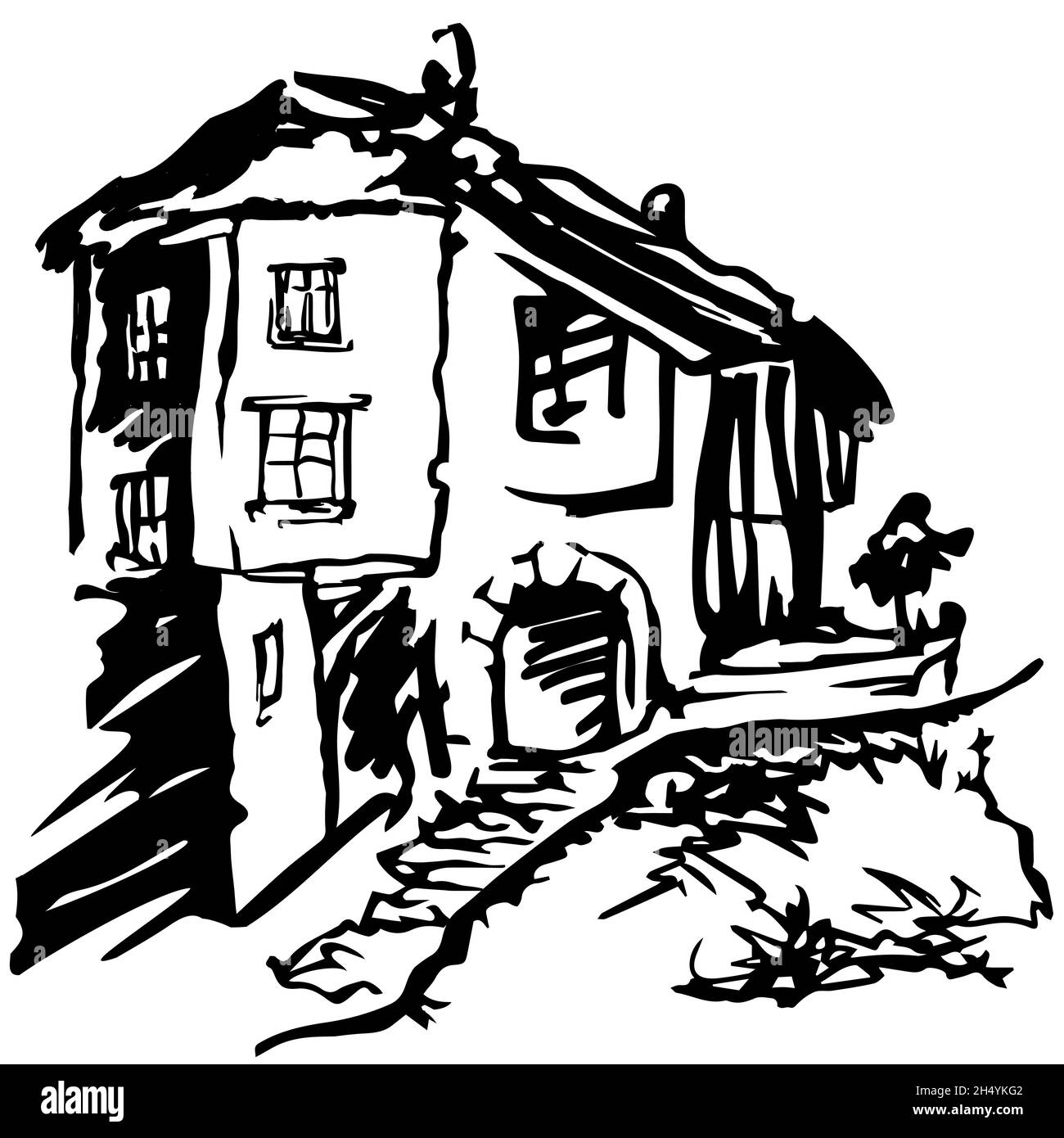 Casa di città vecchia. Schizzo con linea bianca e nera Illustrazione Vettoriale