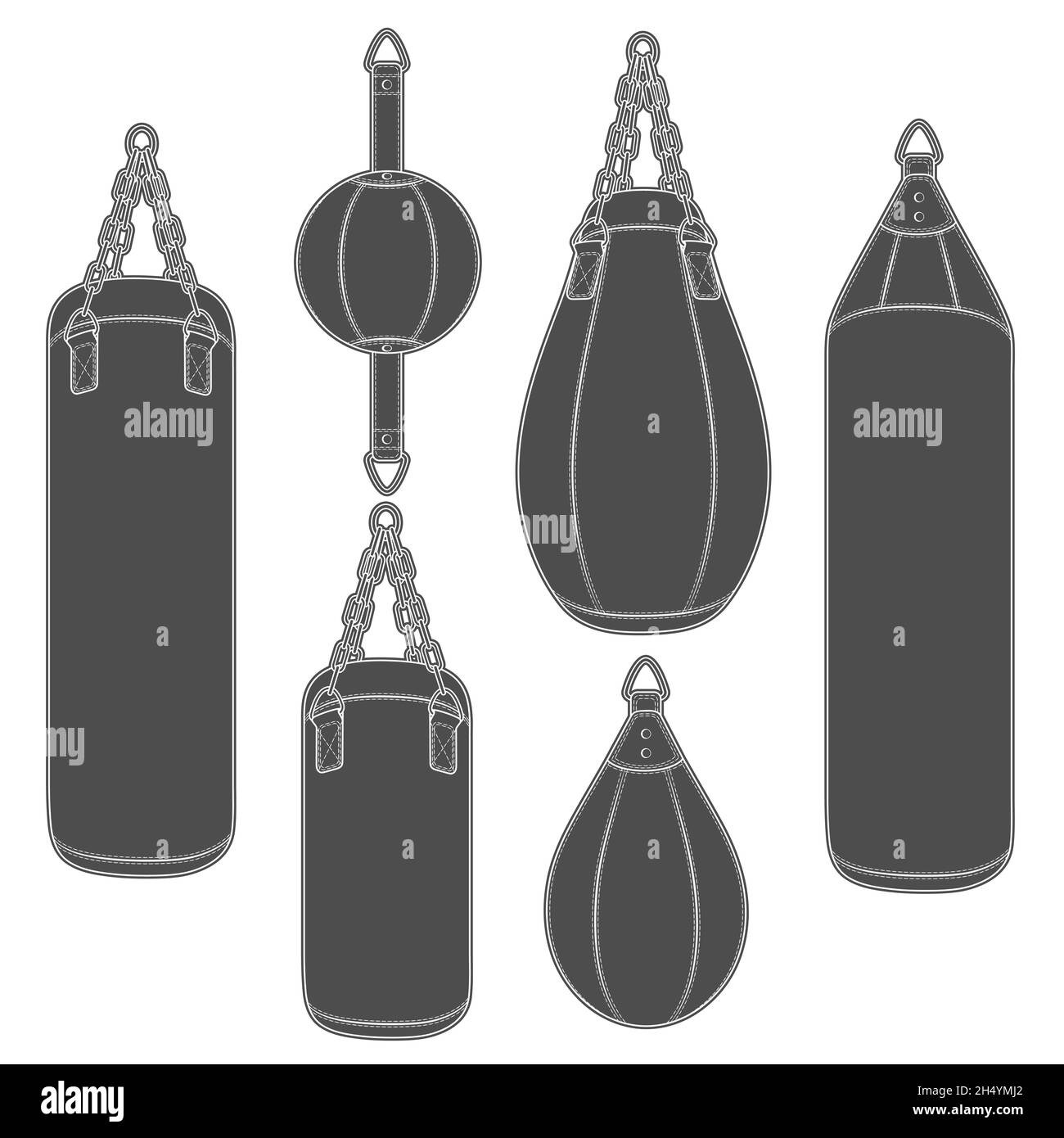 Set di illustrazioni in bianco e nero con sacchetto da punzonatura, pere da imballaggio. Oggetti vettoriali isolati su sfondo bianco. Illustrazione Vettoriale