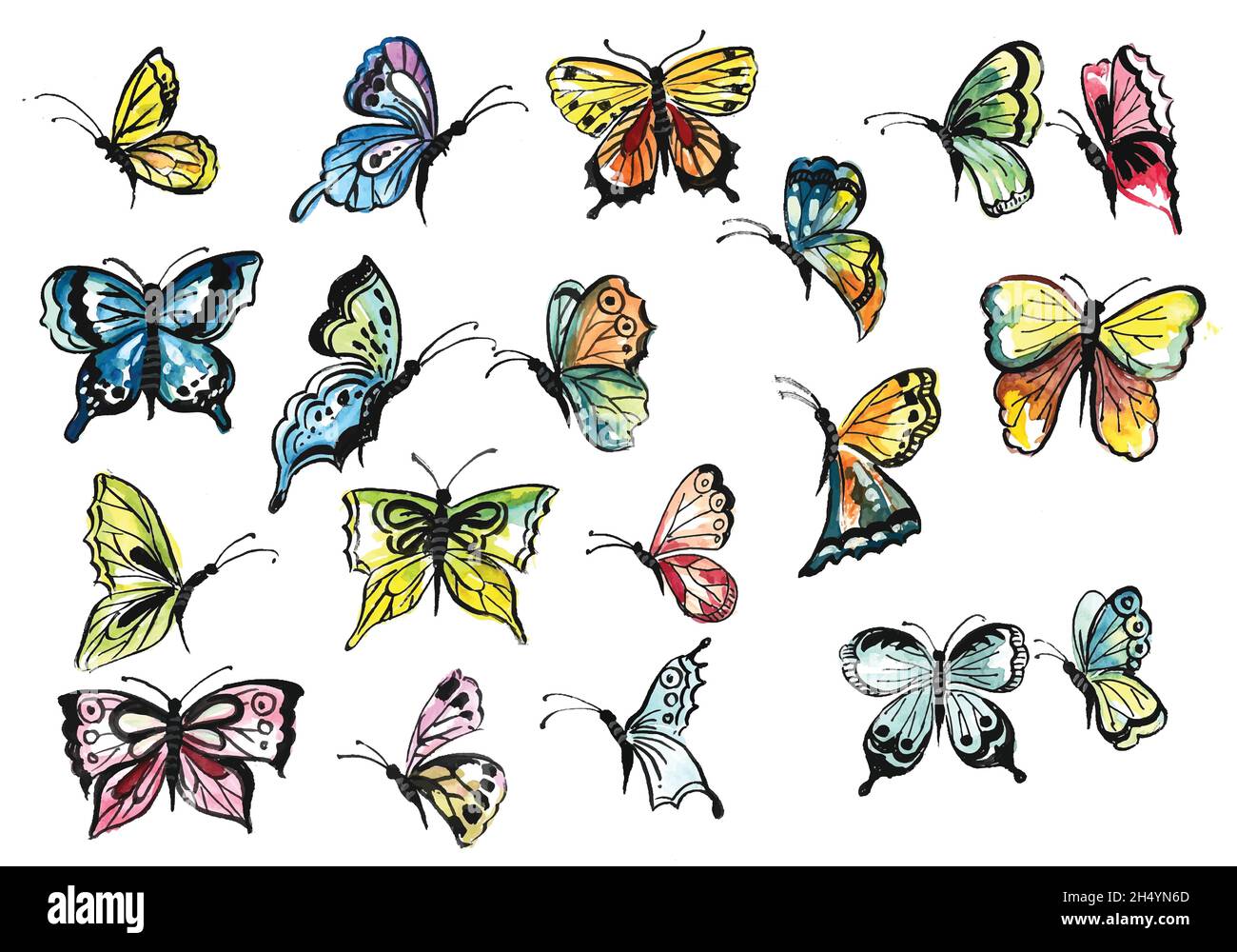 Disegno a mano collezione di farfalle piuttosto colorato acquerello design Illustrazione Vettoriale
