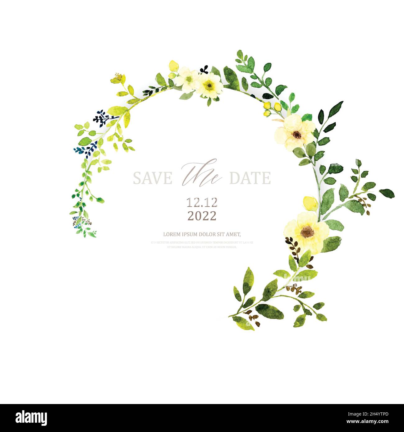 Acquerello invito design con corona floreale. Acquerello dipinto a mano con fiore giallo e bouquet di foglie verdi su una cornice rotonda. Adatto a noi Illustrazione Vettoriale