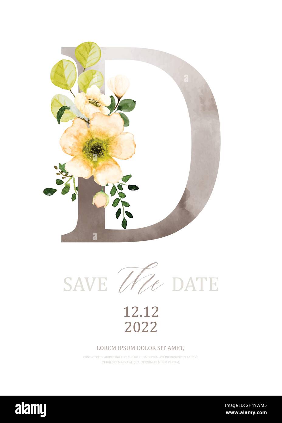 Acquerello marrone dell'alfabeto D decorato con bouquet arancione. Acquerello dipinto a mano con disegno floreale e foglie su una lettera D. adatto per il matrimonio Illustrazione Vettoriale