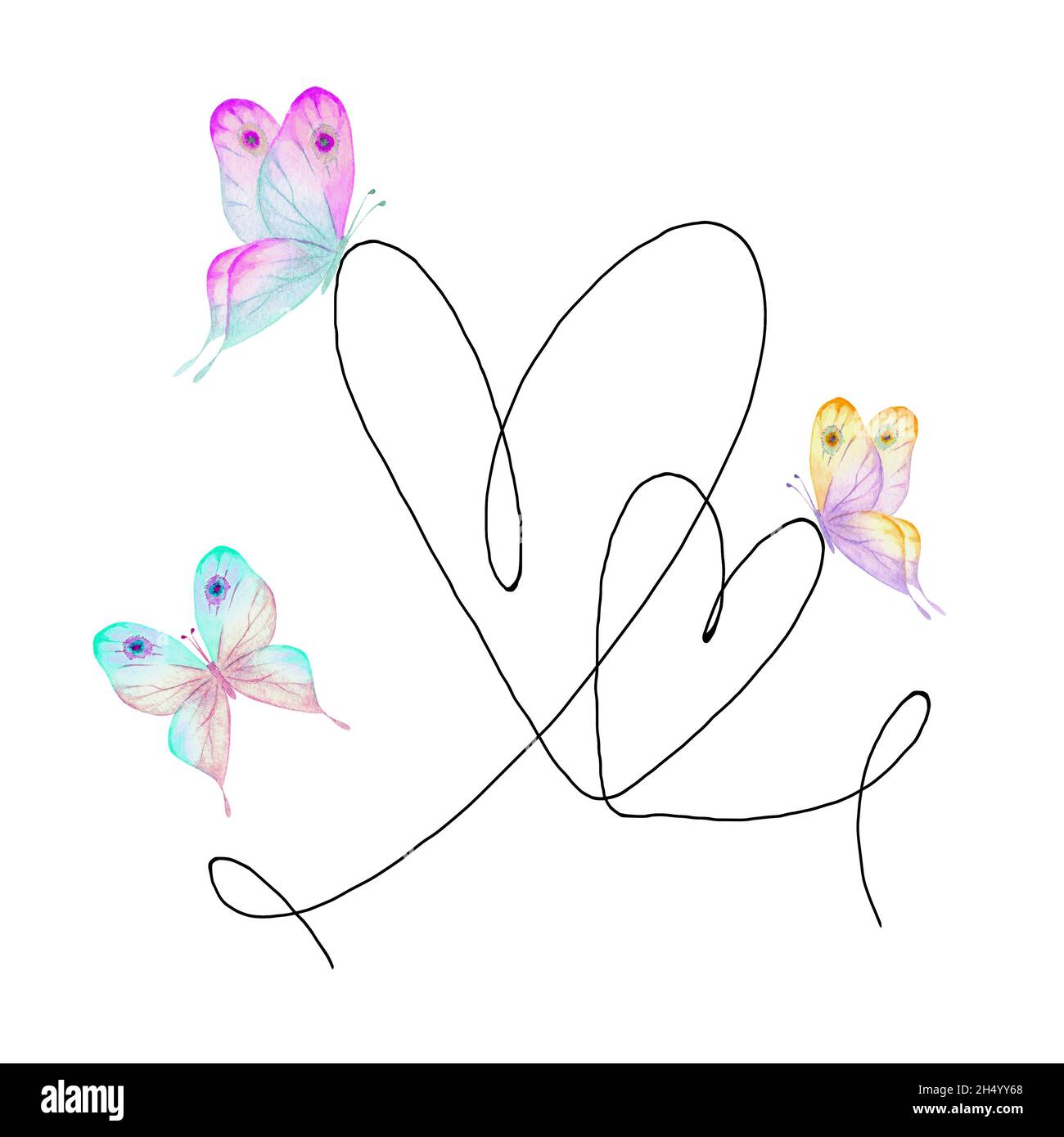 Cuore disegnato a mano con contorno nero e farfalle acquerello isolate su sfondo bianco. Linea continua sotto forma di cuore. Disegno a una linea. Tempo Foto Stock