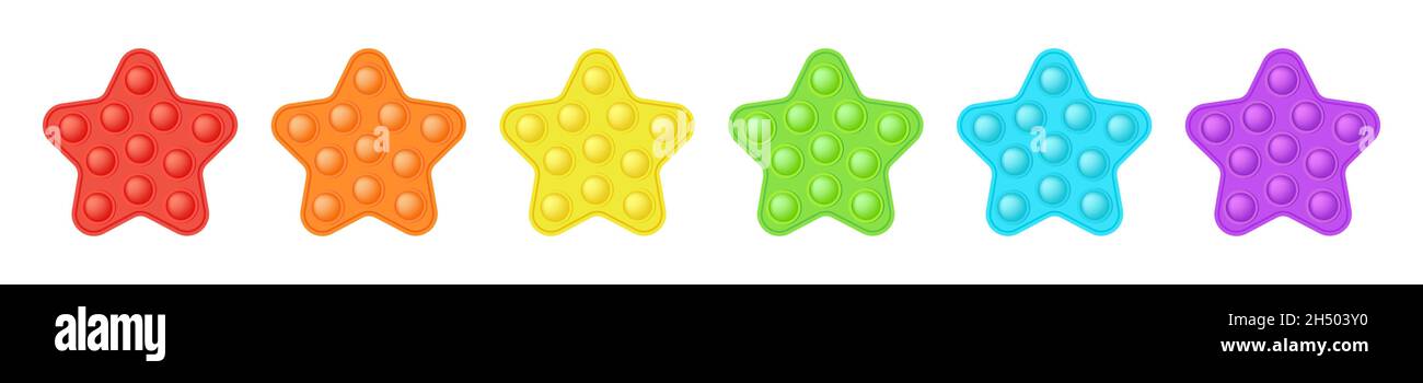 Set di stelle popit in stile un elegante gioco di fidget in silicone. Giocattolo antistress addictive in colori brillanti - rosso, arancione, blu, verde, giallo, viola. B Illustrazione Vettoriale