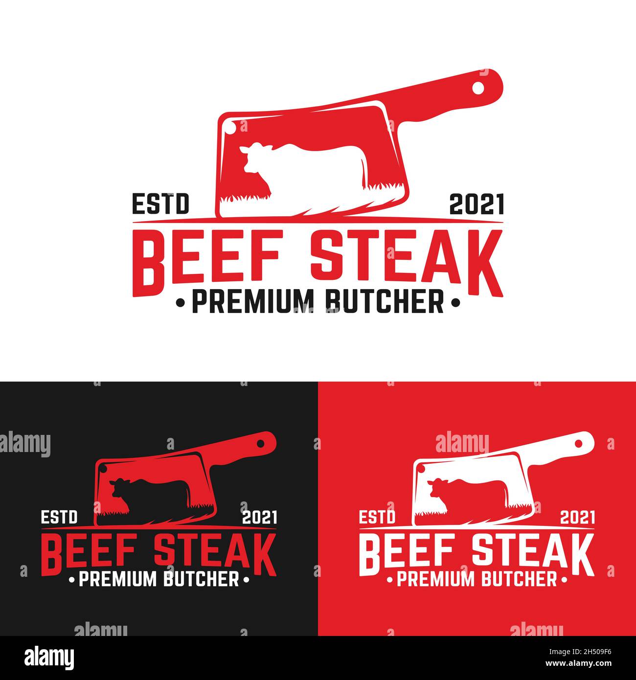 Coltello per carne con un simbolo di mucca. Adatto per macellerie, macellerie, gastronomia, carni bovine, mercato, modello di design con logo Hipster retro d'epoca. Illustrazione Vettoriale