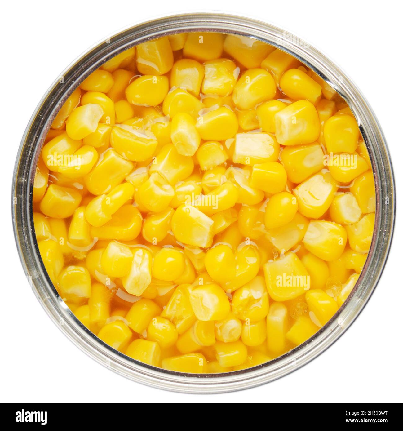 Vista piatta su lattina aperta con cornici dolci isolato su sfondo bianco Foto Stock