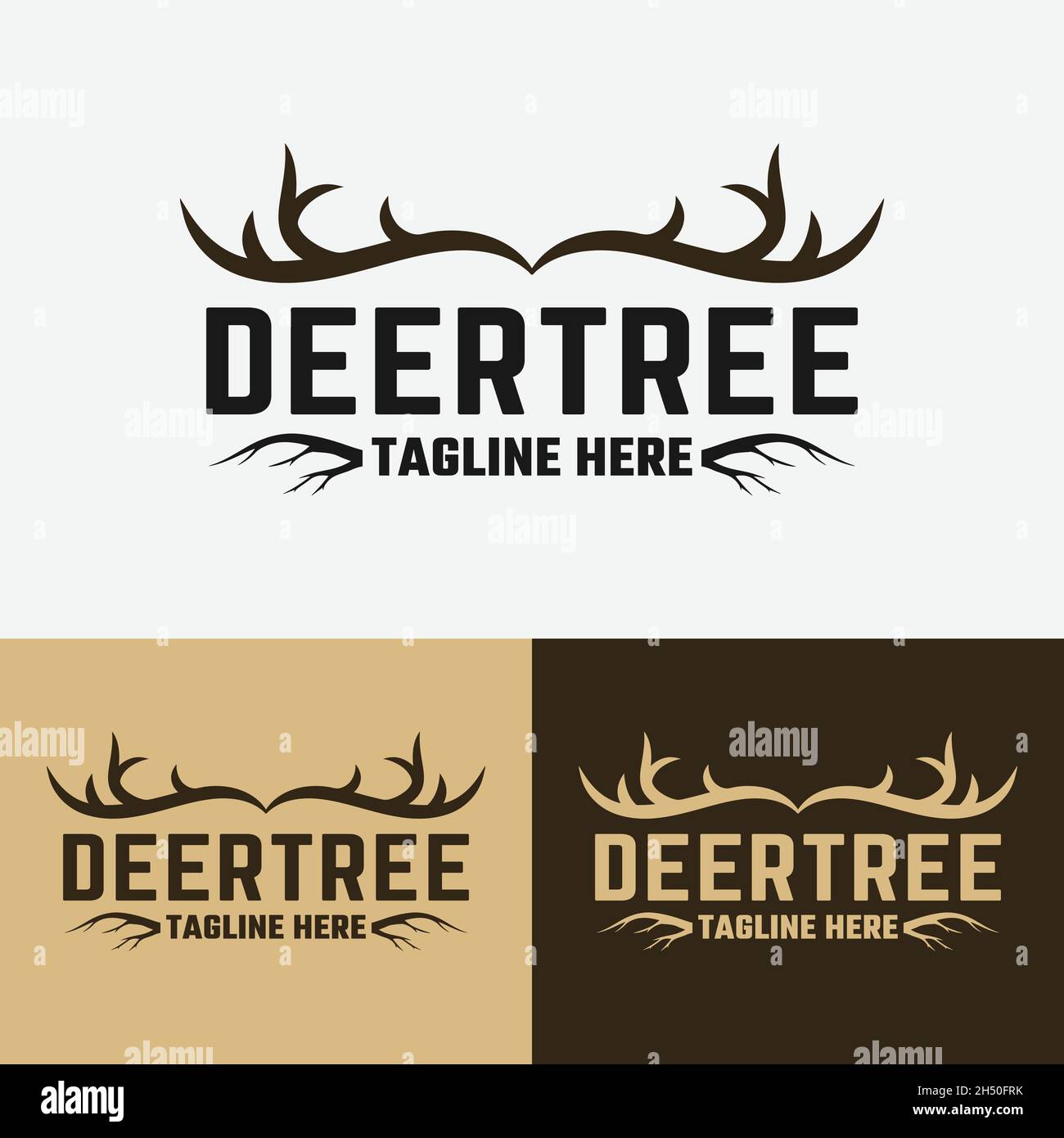 Vintage Deer Antler e Tree Root Badge modello di logo. Adatto per Caccia Avventura Outdoor Escursioni Campeggio Sport Business Brand ecc. Illustrazione Vettoriale