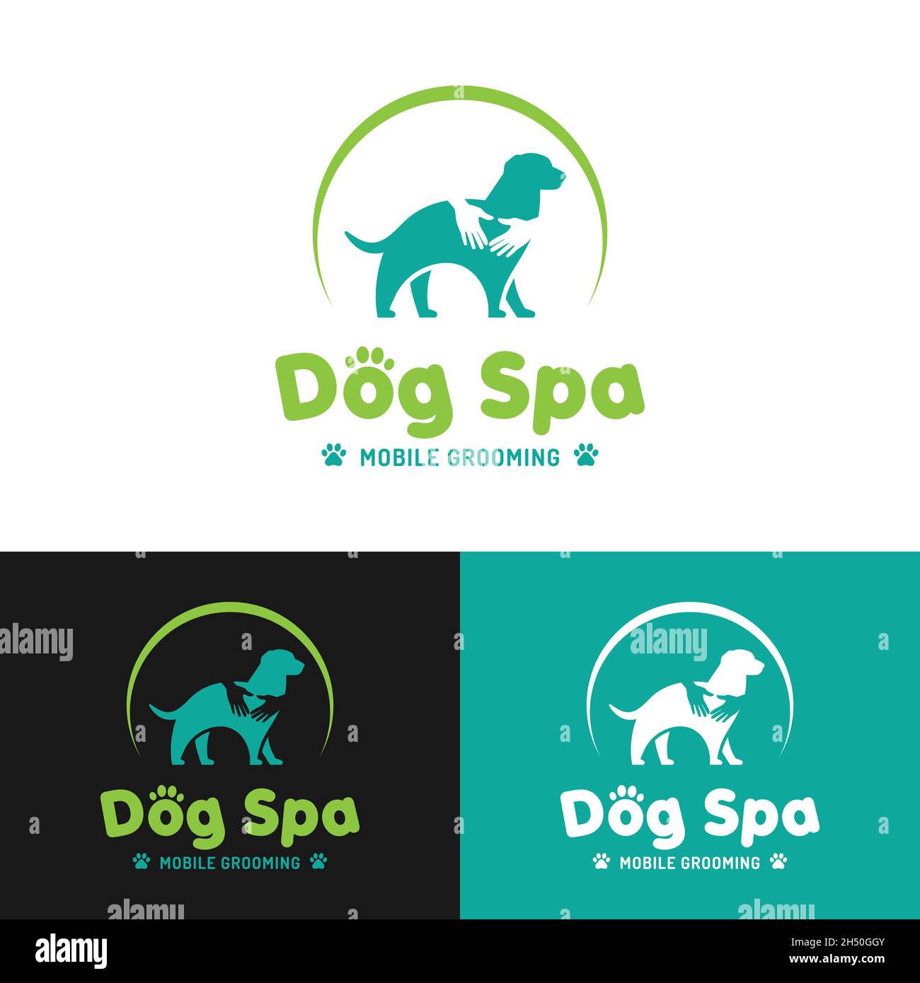 Silhouette cane con un abbraccio per il modello di disegno del logo di Dog Spa. Perfetto per negozi di animali domestici, cliniche per animali domestici, centri benessere per cani e centri benessere, o comunità amanti dei cani. Illustrazione Vettoriale