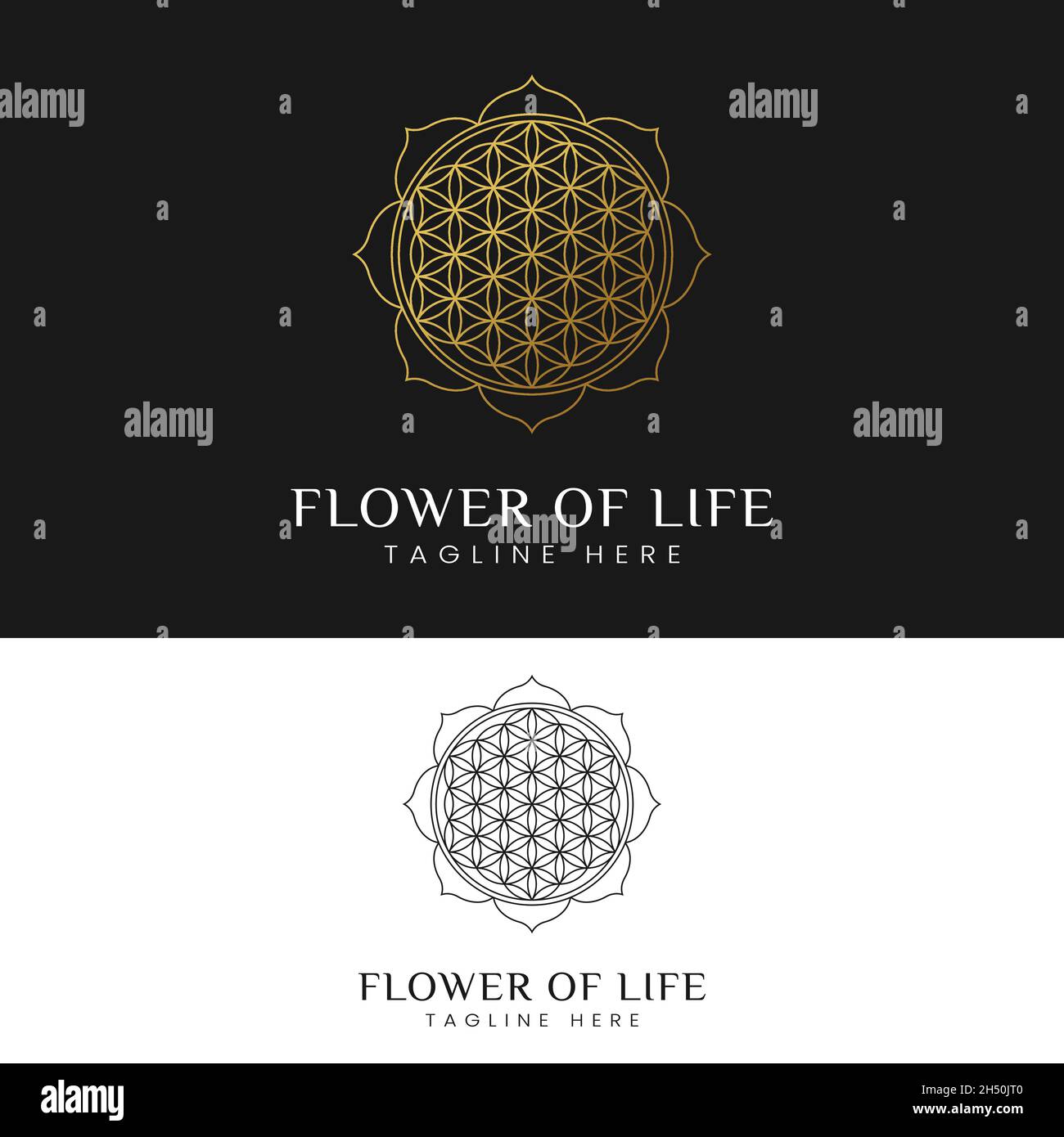 Modello di design elegante e di lusso con logo Flower of Life. Adatto per Healthcare Medicine Yoga Studios o Spritual Awakening in Simple Line Style Logo. Illustrazione Vettoriale