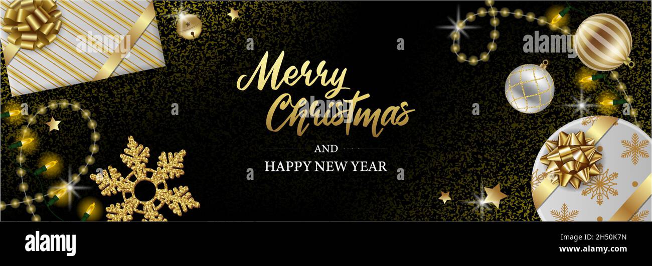 Allegro banner natalizio con scatole regalo, luci e palline natalizie Illustrazione Vettoriale