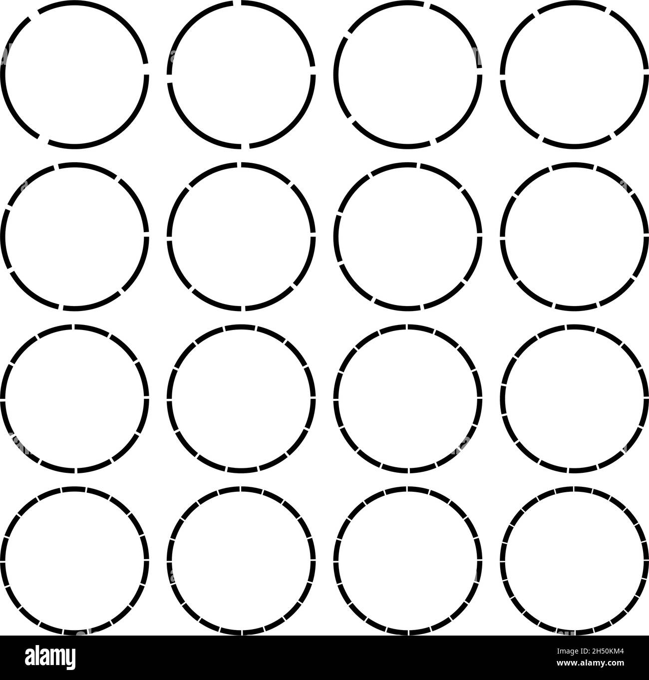 Circoli segmentati, divisi con 3, 4, 5, 6, 7, 8, 9, 10, 12, 14, 15, 16, 18, 20, 22, 24 parti, sezioni. Grafico a torta, elemento infografico simile a un grafico a torta Illustrazione Vettoriale