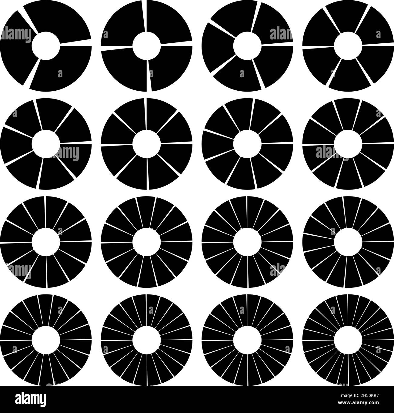 Circoli segmentati, divisi con 3, 4, 5, 6, 7, 8, 9, 10, 12, 14, 15, 16, 18, 20, 22, 24 parti, sezioni. Grafico a torta, elemento infografico simile a un grafico a torta Illustrazione Vettoriale