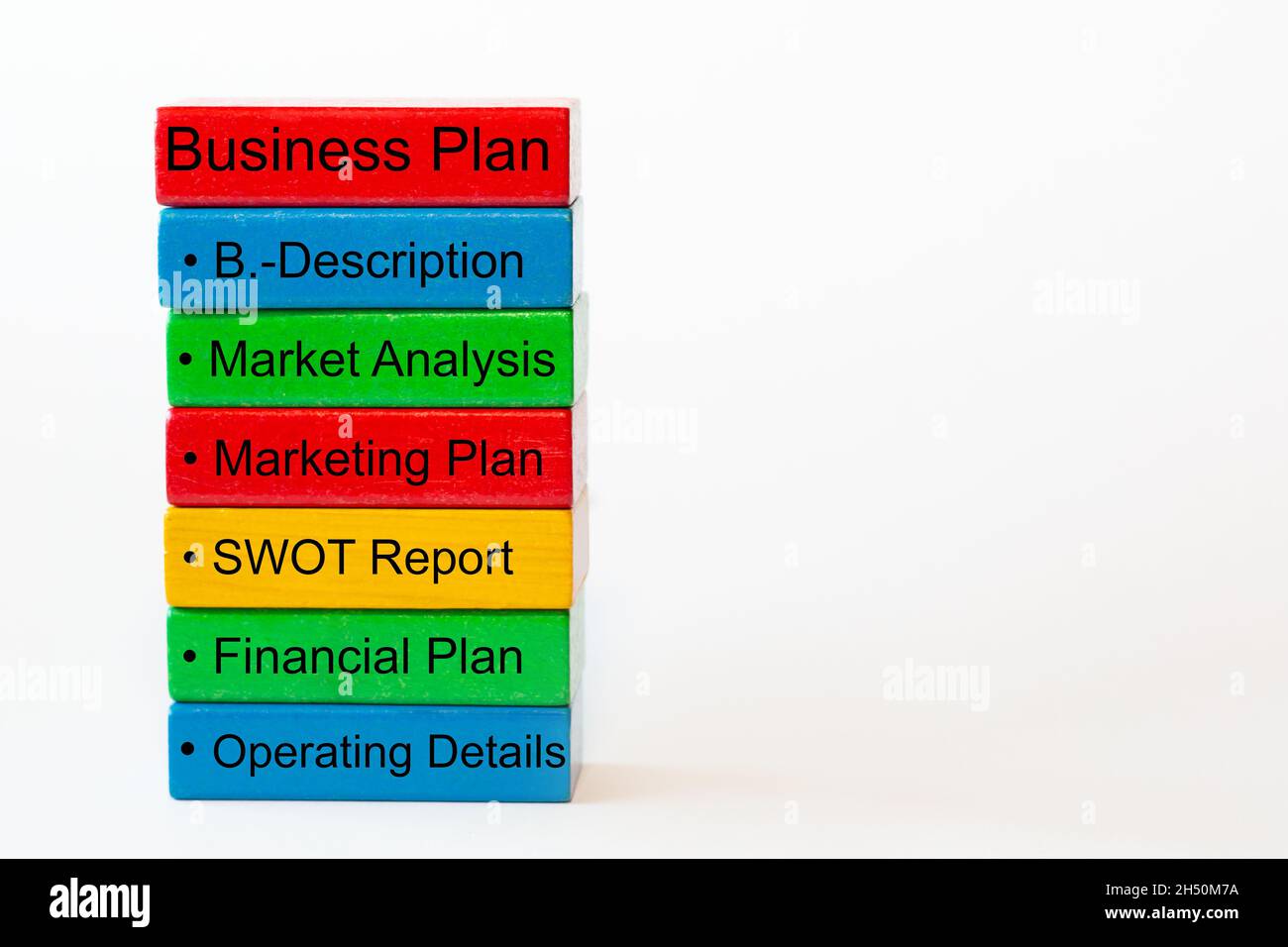 Blocchi colorati con le parole: Business plan, B-Description, analisi del mercato, piano di marketing, rapporto SWOT, Piano finanziario, Dettagli operativi,, Imola Foto Stock