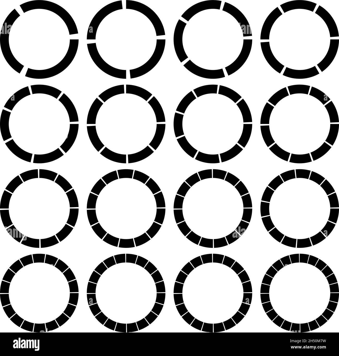 Circoli segmentati, divisi con 3, 4, 5, 6, 7, 8, 9, 10, 12, 14, 15, 16, 18, 20, 22, 24 parti, sezioni. Grafico a torta, elemento infografico simile a un grafico a torta Illustrazione Vettoriale