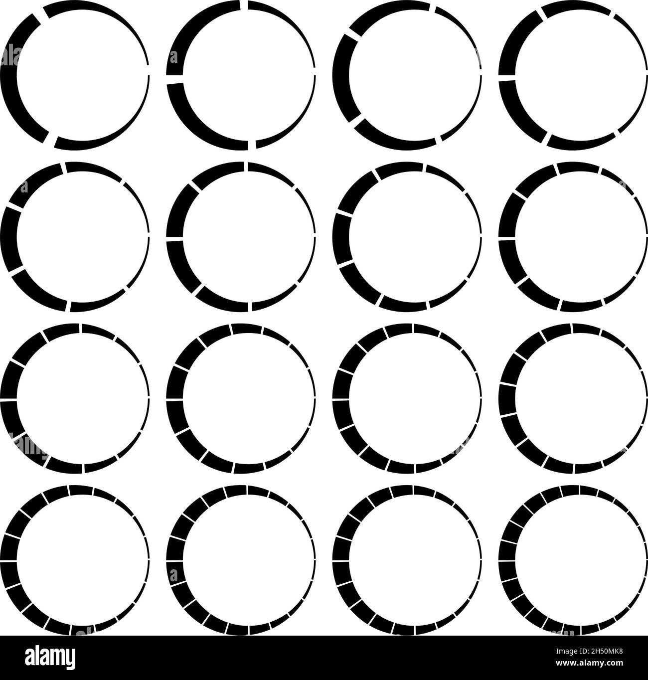 Circoli segmentati, divisi con 3, 4, 5, 6, 7, 8, 9, 10, 12, 14, 15, 16, 18, 20, 22, 24 parti, sezioni. Grafico a torta, elemento infografico simile a un grafico a torta Illustrazione Vettoriale