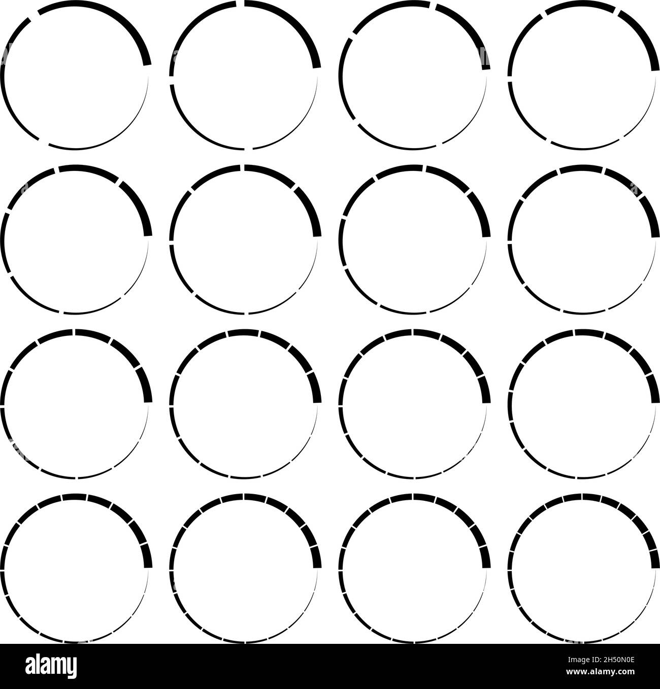 Circoli segmentati, divisi con 3, 4, 5, 6, 7, 8, 9, 10, 12, 14, 15, 16, 18, 20, 22, 24 parti, sezioni. Grafico a torta, elemento infografico simile a un grafico a torta Illustrazione Vettoriale