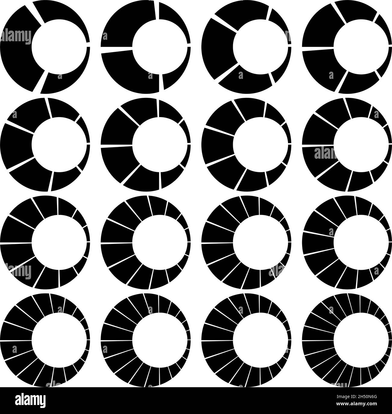 Circoli segmentati, divisi con 3, 4, 5, 6, 7, 8, 9, 10, 12, 14, 15, 16, 18, 20, 22, 24 parti, sezioni. Grafico a torta, elemento infografico simile a un grafico a torta Illustrazione Vettoriale