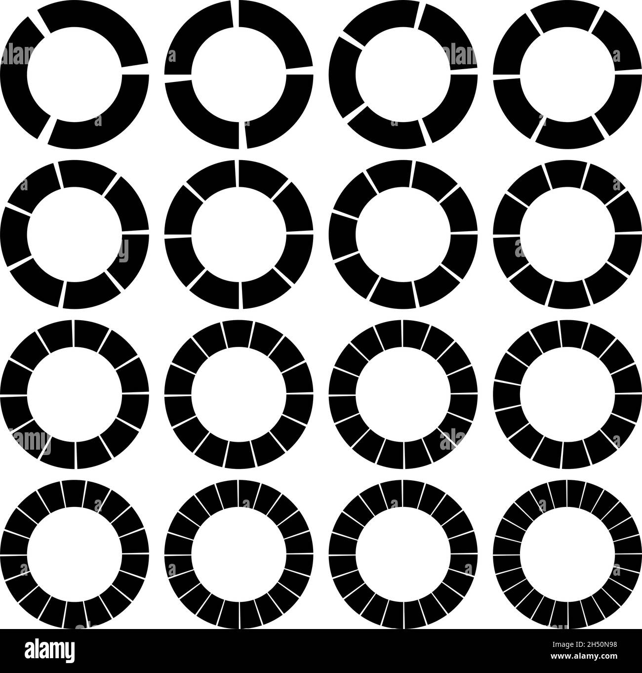 Circoli segmentati, divisi con 3, 4, 5, 6, 7, 8, 9, 10, 12, 14, 15, 16, 18, 20, 22, 24 parti, sezioni. Grafico a torta, elemento infografico simile a un grafico a torta Illustrazione Vettoriale
