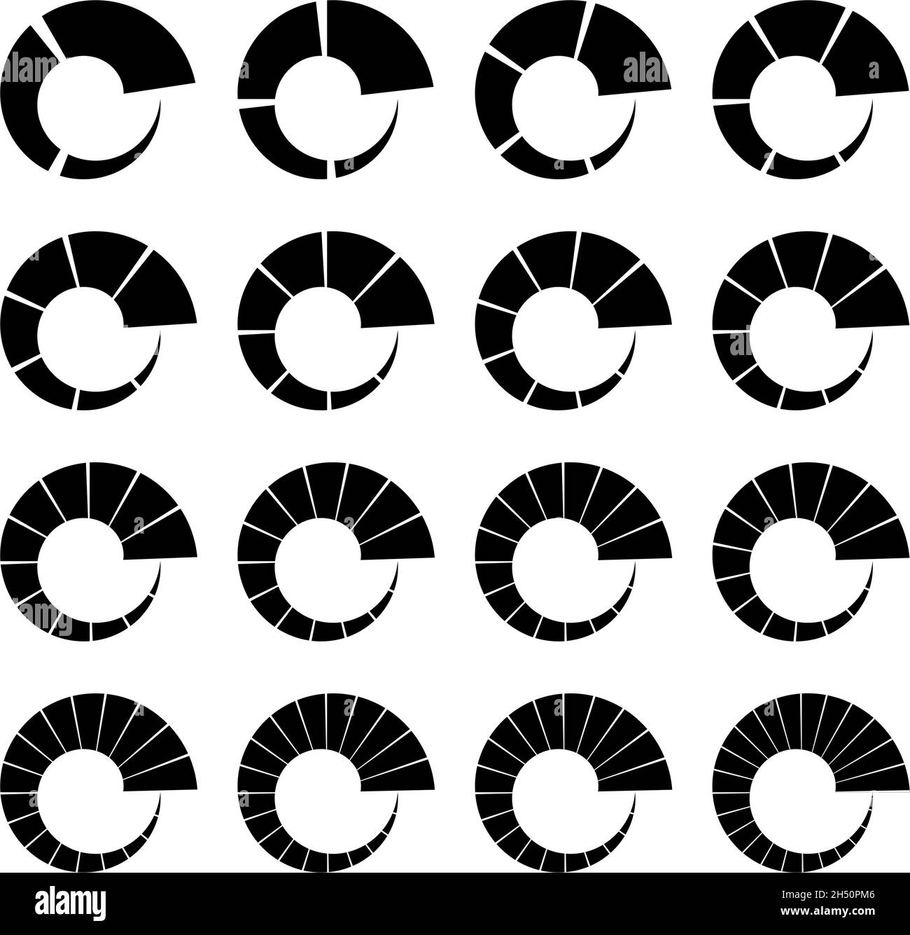 Circoli segmentati, divisi con 3, 4, 5, 6, 7, 8, 9, 10, 12, 14, 15, 16, 18, 20, 22, 24 parti, sezioni. Grafico a torta, elemento infografico simile a un grafico a torta Illustrazione Vettoriale