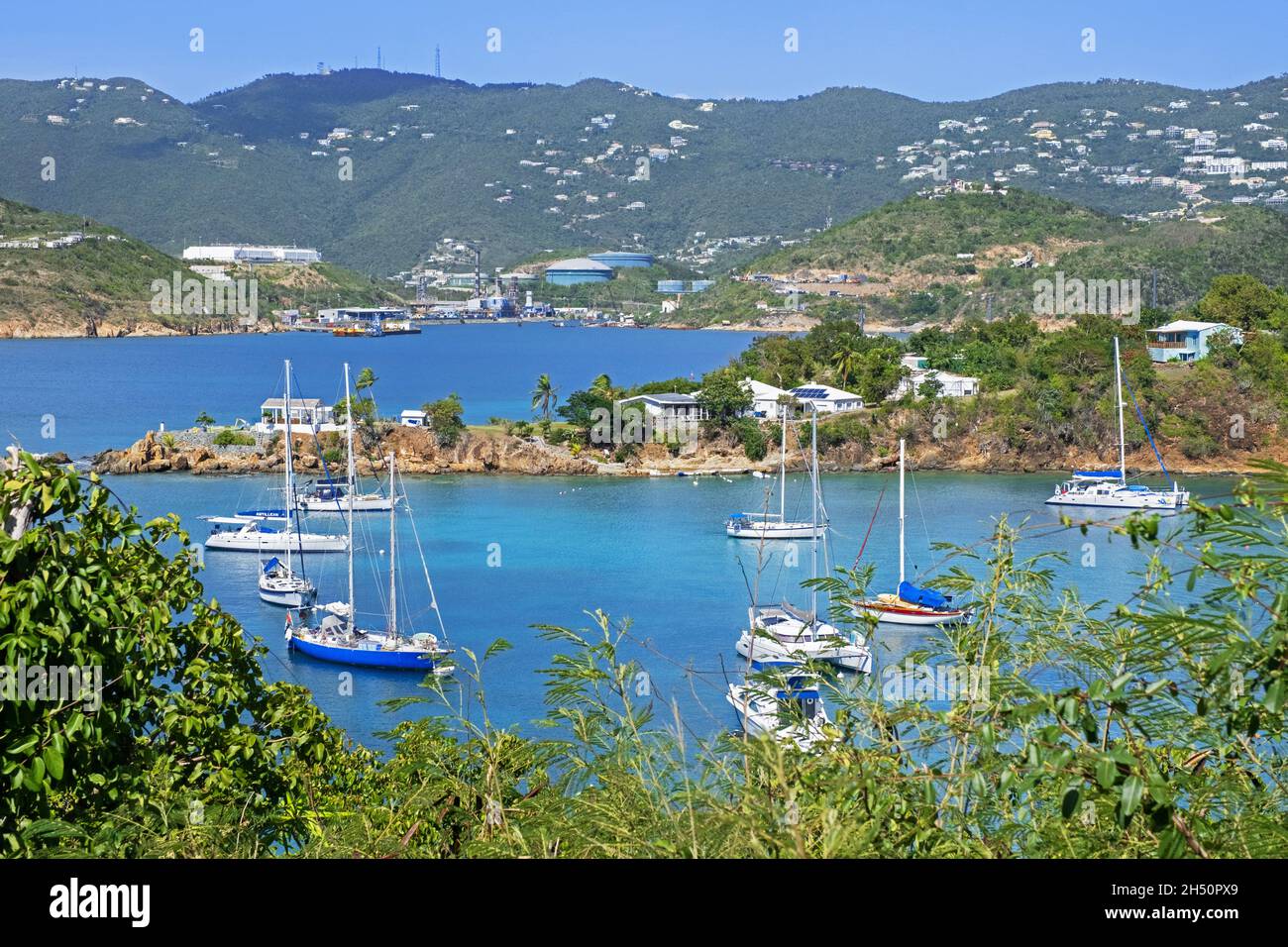 Barche a vela ancorate nella riparata Druif Bay a Water Island, a sud di Saint Thomas nel porto di Charlotte Amalie, Isole Vergini Americane Foto Stock