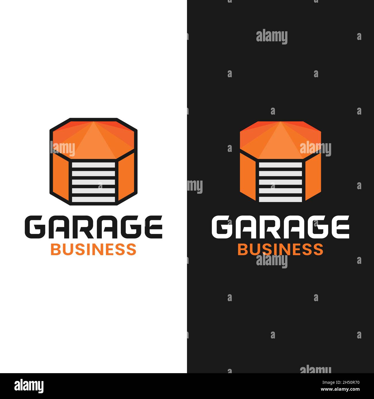 Garage arancione in modello Octagon Shape Logo Design. Adatto per Garage Shop, Workshop, Vehicle Maintenance Business Company logo del marchio aziendale. Illustrazione Vettoriale