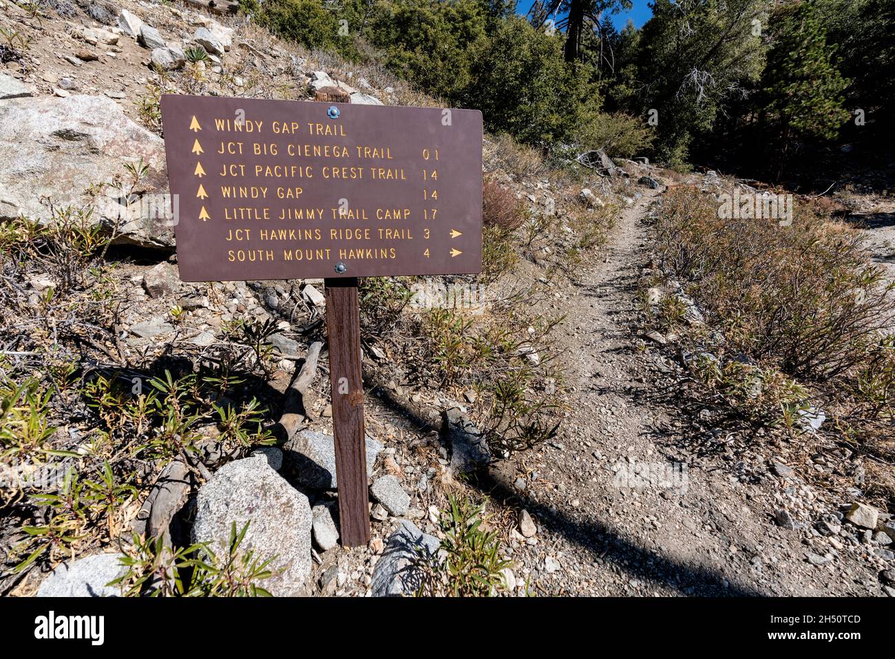 Cartello Windy Gap Trail vicino a Crystal Lake nella zona delle montagne di San Gabriel della contea di Los Angeles, California. Foto Stock