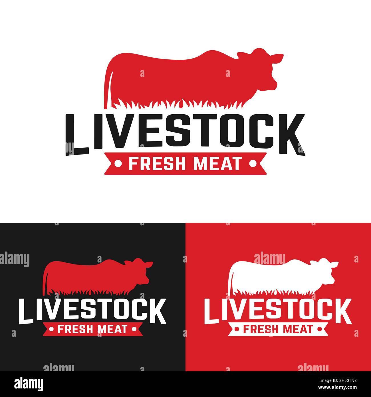 Logo di bestiame con silhouette di mucca. Adatto per allevamento bestiame bovino Ranch macellai macelleria Deli Meat Shop Market in stile Vintage Hipster retro Illustrazione Vettoriale