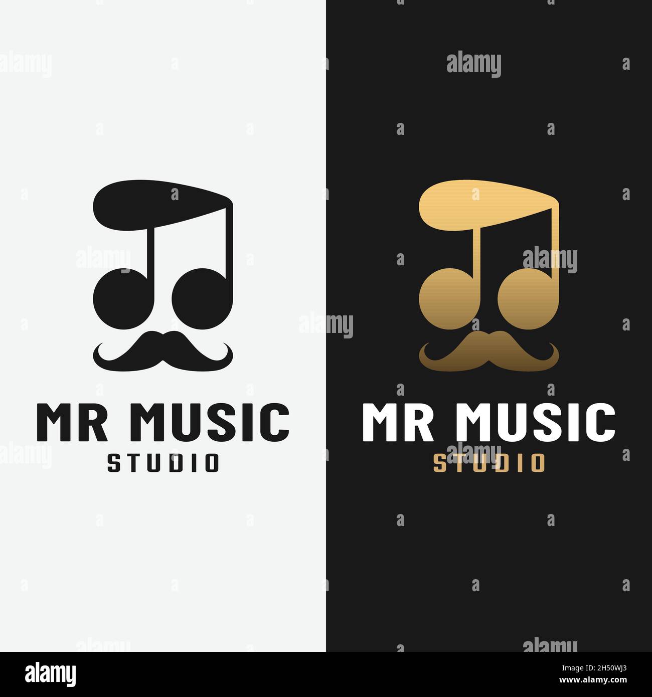 Music Notes e Moustache per MR Music Logo Design Template. Questo logo rappresenta note musicali come capelli e un uomo che indossa occhiali da sole. Illustrazione Vettoriale