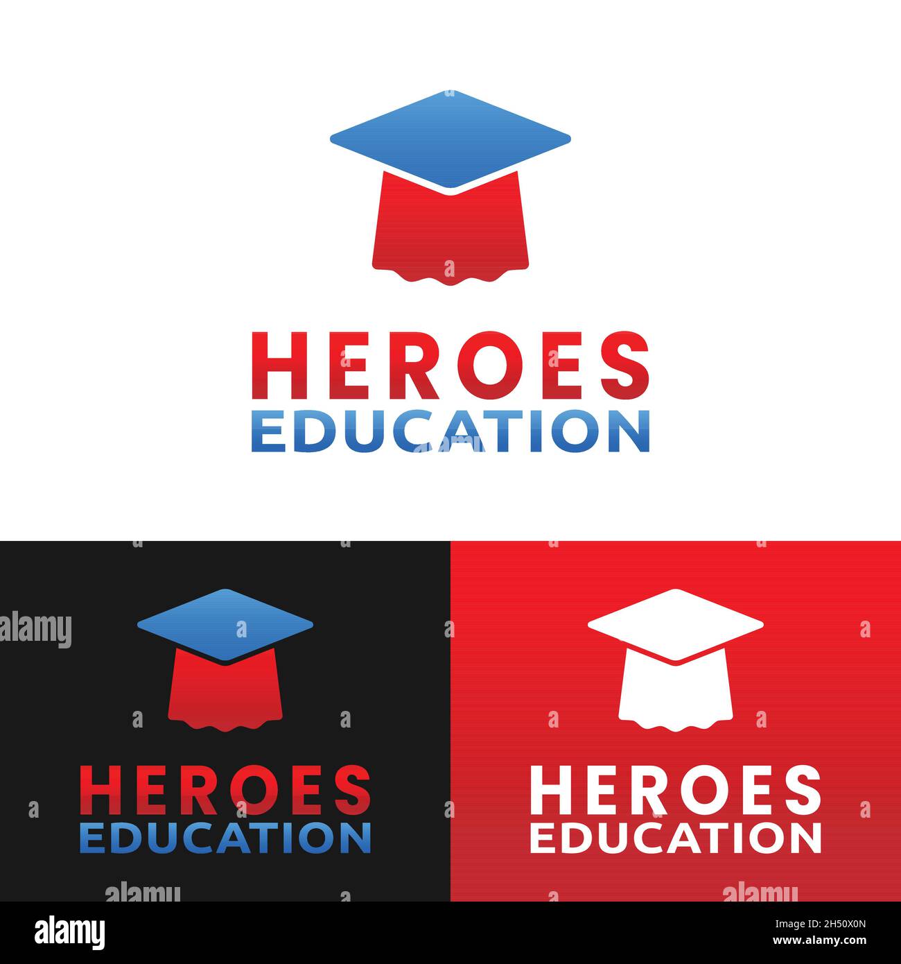 Cappellino e berretto di laurea per Brave strong Smart Hero Eroi Superhero Education School Academy College University Simple Flat Logo Design. Illustrazione Vettoriale