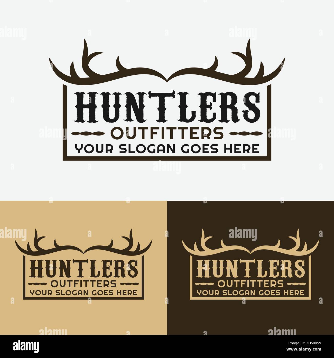 Logo Antler di caccia emblema timbro etichetta per Avventura Outdoor Escursionismo Campeggio Caccia Sport Gear Business Brand Community Club in Classic Logo unico Illustrazione Vettoriale