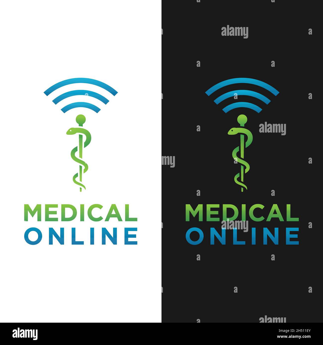 Modello di design Medical Snake Caduceus con logo Wi-Fi Signal. Adatto per Online Digital Mobile Tech Medical Health Care Hospital Pharmacy Clinic etc Illustrazione Vettoriale