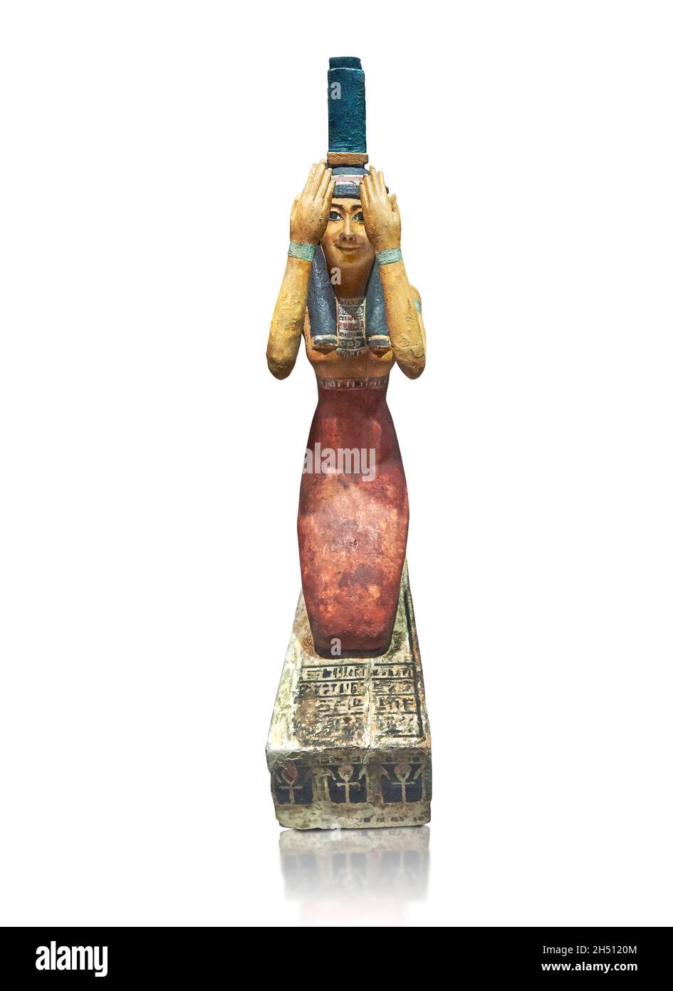 Scultura in legno egiziano della dea Iside, 332-30 a.C., tolemaico, legno dipinto . Museo del Louvre N4130. Iside (inginocchiato, segno di Iside, collana di Ousekh, Foto Stock