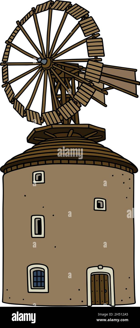 Disegno a mano di un vecchio mulino a vento in pietra Illustrazione Vettoriale