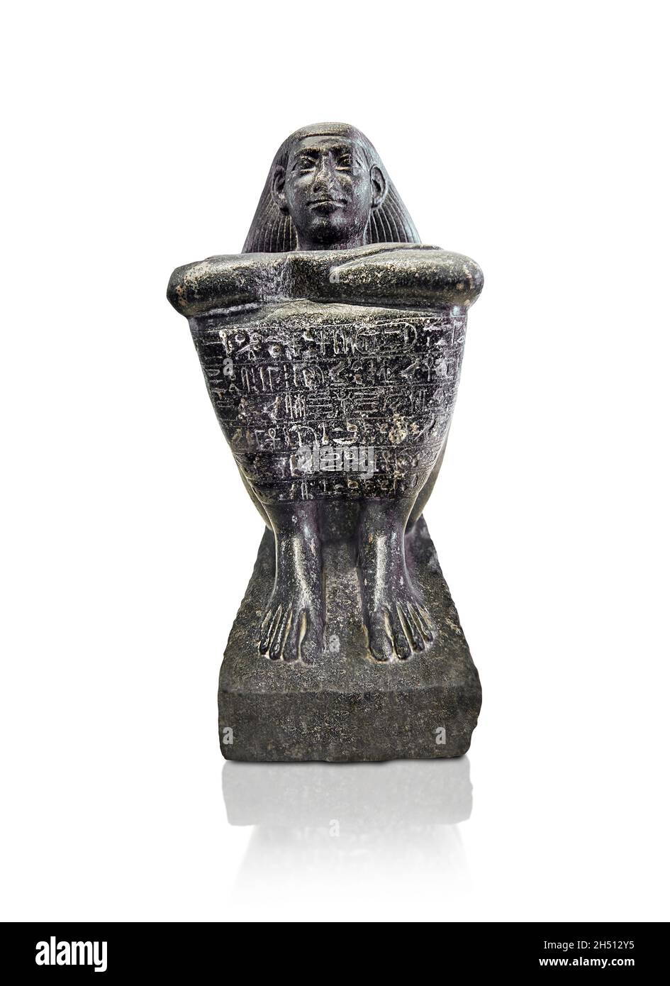 Statua a cubo egiziana del guardiano Akhimenrou, 664-610 a.C., 26a dinatia, Tebe, diorite. Museo del Louvre A 85, MR10 o N86. La statua è dedicata Foto Stock