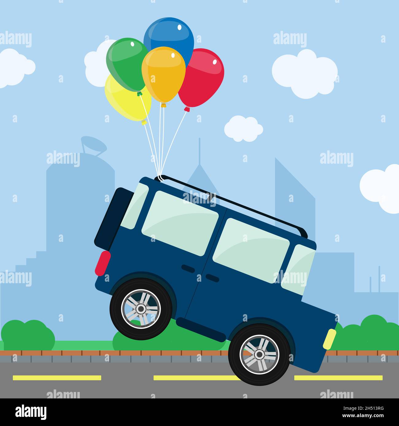 Un mucchio di palloncini colorati che prendono una 4x4 fuori strada. Skyline di una città sullo sfondo. Concettuale. Illustrazione vettoriale che rappresenta un sogno, f Illustrazione Vettoriale