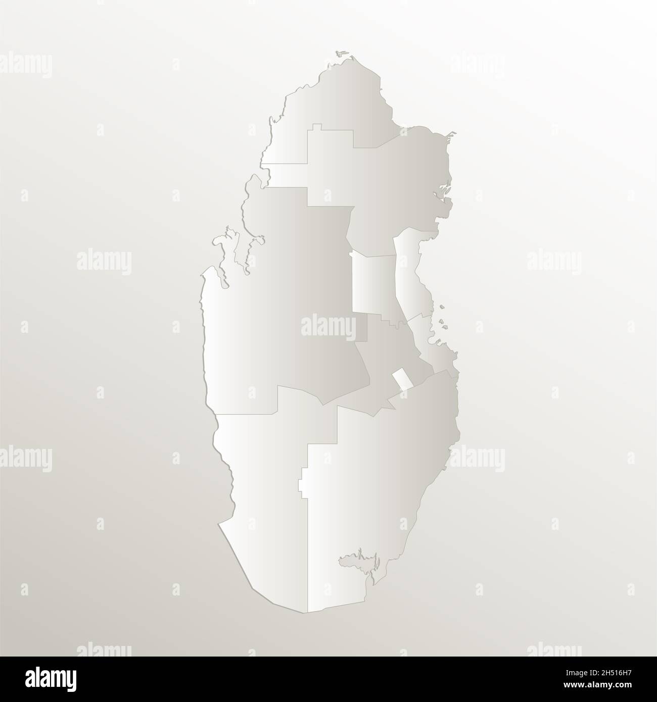 Mappa del Qatar, divisione amministrativa, separa regioni e nomi individuali, carta da cartolina 3D naturale, vuota Foto Stock