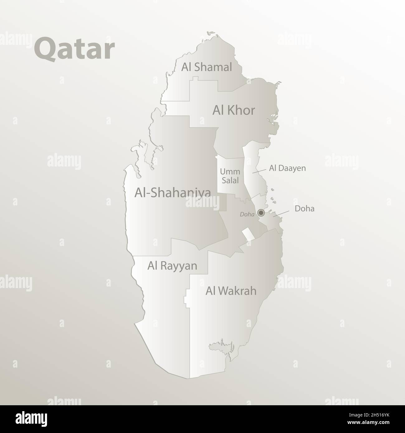 Mappa del Qatar, divisione amministrativa, separa regioni e nomi individuali, carta da cartolina 3D natural vettoriale Illustrazione Vettoriale