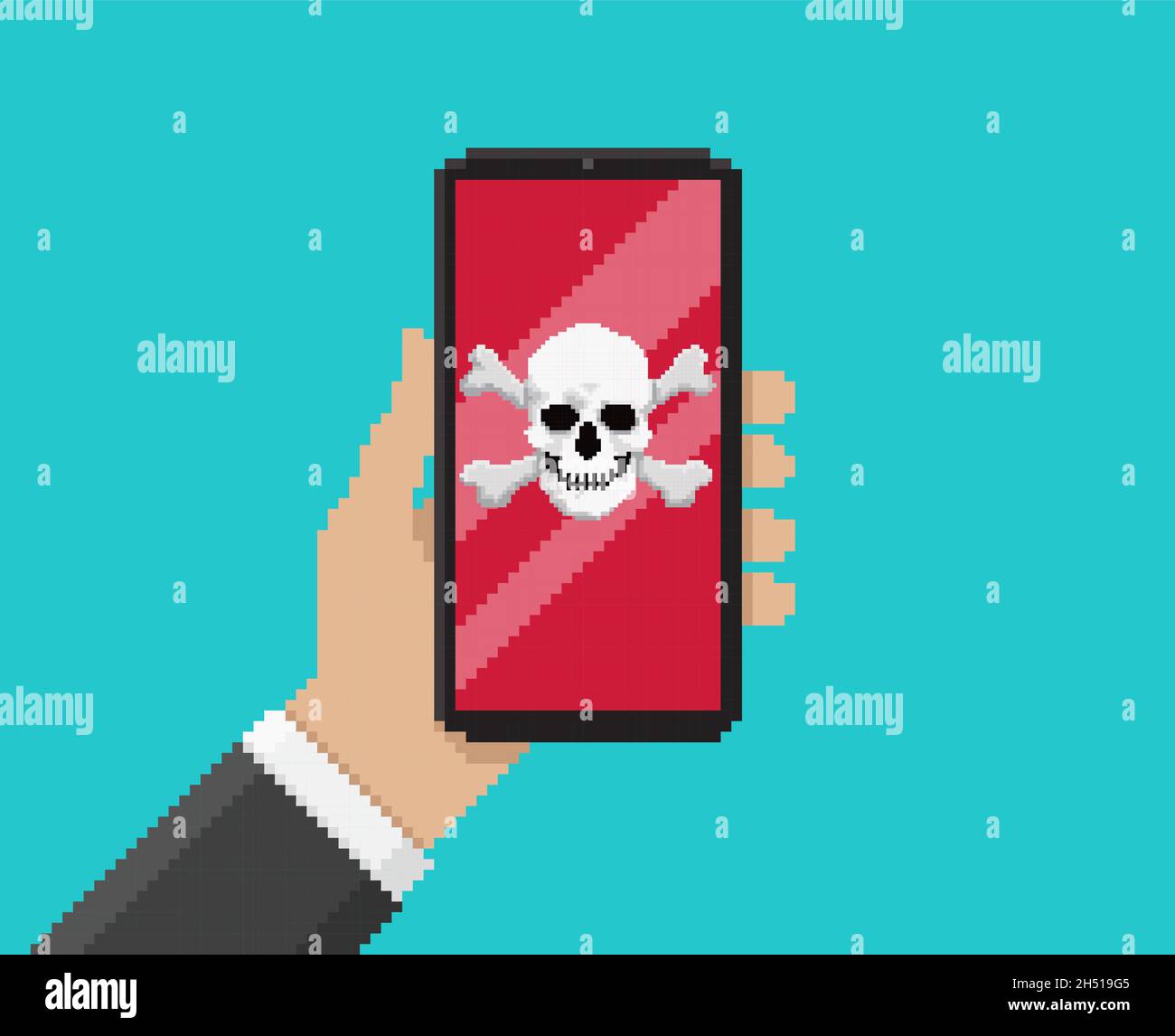 Immagine pixel, illustrazione vettoriale della mano mobile con notifica virus sullo schermo Illustrazione Vettoriale