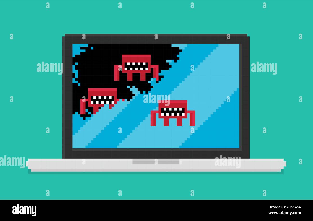 Pixel art, illustrazione vettoriale del laptop attaccato da virus informatici. I virus stanno mangiando lo schermo del laptop. Illustrazione Vettoriale